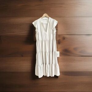 Amanda Uprichard Sheridan Tired Midi Dress Side Pockets Size Large Ivory- EUC